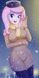 Size: 1300x2609 | Tagged: suggestive, artist:the-butch-x, derpibooru import, fleur-de-lis, equestria girls, friendship games, beautiful, blushing, breasts, busty fleur-de-lis, city, clothes, coat, commission, curvy, eyeshadow, female, gloves, hairpin, hat, lidded eyes, looking at you, makeup, open mouth, scarf, sexy, signature, smiling, snow, snowfall, solo, solo female, winter outfit