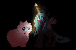 Size: 1576x1039 | Tagged: safe, artist:confetticakez, derpibooru import, queen chrysalis, oc, oc:fluffle puff, changeling, changeling queen, pony, angry, animated, annoyed, black background, blushing, canon x oc, christmas lights, chrysipuff, cute, cutealis, female, flufflebetes, gif, lesbian, looking at you, madorable, ocbetes, queen chrysalis is not amused, shipping, simple background, unamused
