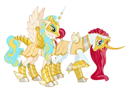 Size: 2519x1762 | Tagged: safe, artist:chimajra, derpibooru import, oc, unofficial characters only, alicorn, pony, unicorn, curved horn, female, mare, simple background, solar empire, transparent background, vector