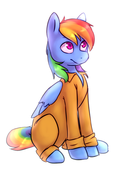 Size: 799x1161 | Tagged: artist:kiruki1999, clothes, derpibooru import, prisoner, prisoner rd, prison outfit, rainbow dash, safe, simple background, sitting, solo, white background