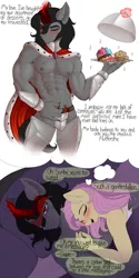Size: 1200x2402 | Tagged: abs, anthro, artist:evehly, bare chest, bed, biceps, blushing, cake, cape, clothes, comic, cuddling, cupcake, derpibooru import, dessert, dialogue, donut, dream, ear fluff, eyes closed, fluttershy, food, glowing horn, king sombra, levitation, lidded eyes, magic, male, muffin, muscles, nipples, nudity, one eye closed, partial nudity, pecs, pervert, pillow, plate, sexy, shipping, shoulder fluff, sleeping, sleep mask, sleep talking, smiling, snuggling, sombrashy, sparkles, straight, stupid sexy sombra, suggestive, :t, telekinesis, thought bubble, topless, wet dream