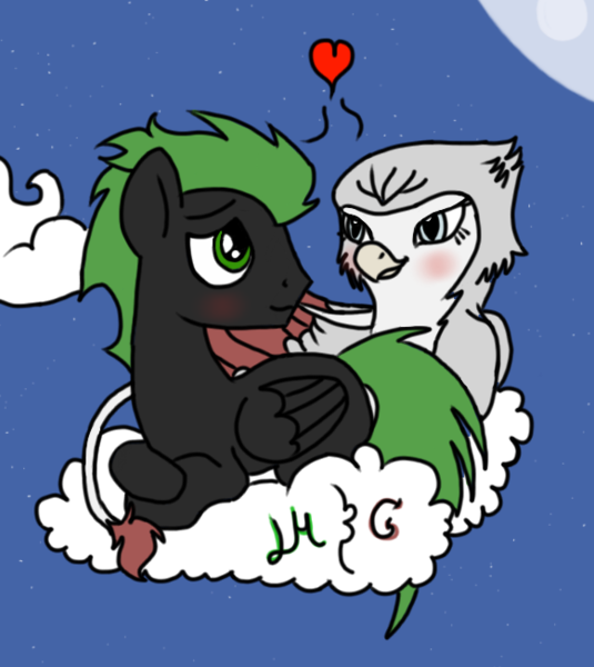 Size: 581x651 | Tagged: safe, artist:lightning-hunt, derpibooru import, oc, oc:glissanda, oc:lightning hunt, unofficial characters only, gryphon, pegasus, pony, couple, cute, glihunt