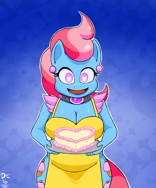 Size: 905x1093 | Tagged: anthro, apron, artist:dr. chaos, big breasts, breasts, busty cup cake, cake, cleavage, clothes, collar, cup cake, derpibooru import, female, food, heart, heart eyes, hypnosis, hypnosis edit, hypnotized, looking at you, milf, naked apron, open mouth, plump, solo, solo female, suggestive, wide hips, wingding eyes