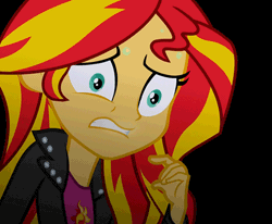 Size: 500x411 | Tagged: safe, artist:h06zaman, derpibooru import, edit, editor:paragonaj, vector edit, sunset shimmer, equestria girls, animated, black background, breath, clothes, evil grin, eye shimmer, face, female, finals, frown, gif, glare, glowing eyes, grin, gritted teeth, leather jacket, loop, panting, scared, simple background, smiling, smirk, solo focus, sweat, vector, wide eyes