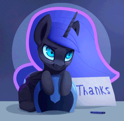 Size: 400x389 | Tagged: safe, artist:rodrigues404, derpibooru import, nightmare moon, alicorn, pony, animated, blushing, cinemagraph, cute, female, filly, flowing mane, gif, moonabetes, nightmare woon, solo, thank you