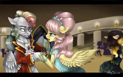 Size: 1024x640 | Tagged: artist:amberswirl, ballroom, colored pupils, crossover, derpibooru import, fluttershy, i know those eyes, open mouth, rainbow dantes, rainbow dash, safe, shycedes, signature, the count of monte cristo, the count of monte rainbow, this man is dead