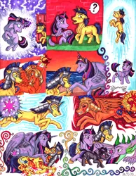 Size: 2550x3291 | Tagged: semi-grimdark, artist:whitefangkakashi300, derpibooru import, comet tail, flash sentry, spike, sunset shimmer, twilight sparkle, twilight sparkle (alicorn), alicorn, pony, blood, cometlight, corrupted, hoers, injured, male, offspring, older, parent:comet tail, parent:twilight sparkle, parents:cometlight, shipping, straight