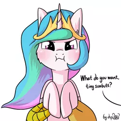 Size: 1920x1920 | Tagged: dead source, safe, artist:dsp2003, derpibooru import, part of a set, discord, princess celestia, pony, :i, angry, blushing, chibi, cute, cutelestia, diabetes, dialogue, don't call me sunbutt, fluffy, glare, grumpy, holding a pony, i can't believe it's not tjpones, implied discord, looking at you, offscreen character, part of a series, puffy cheeks, scrunchy face, simple background, style emulation, sunbutt, this will end in tears and/or a journey to the moon, unamused, what do you want, white background