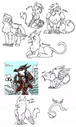 Size: 692x1153 | Tagged: safe, artist:equestria-prevails, derpibooru import, classical hippogriff, demigryph, gryphon, hippogriff, quetzalcoatl, snake, armor, barking, pain, sketch, sketch dump, sword, weapon