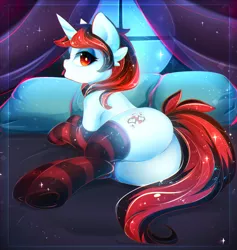 Size: 1280x1353 | Tagged: suggestive, artist:koveliana, derpibooru import, oc, oc:blackjack, unofficial characters only, pony, unicorn, fallout equestria, fanfic, bed, bedroom eyes, chromatic aberration, clothes, colored pupils, fanfic art, female, hooves, horn, laying on bed, looking at you, looking back, looking back at you, mare, open mouth, pillow, plot, red eyes, side, socks, solo, solo female, striped socks, tongue out, window