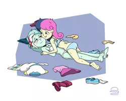 Size: 1000x800 | Tagged: suggestive, artist:coffeeburger, derpibooru import, bon bon, lyra heartstrings, sweetie drops, equestria girls, aftercare, aftersex, anklet, barefoot, bedroom eyes, blue underwear, bra, breasts, clothes, dress, feet, female, lesbian, looking at each other, lyrabon, midriff, on back, panties, shipping, sleeveless, smiling, sweat, underwear, white underwear