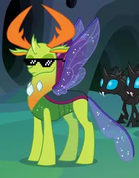 Size: 813x1041 | Tagged: changedling, changeling, cool, cropped, deal with it, derpibooru import, edit, edited screencap, editor:watermelon changeling, glasses, king thorax, safe, screencap, solo focus, thorax, to where and back again, unamused