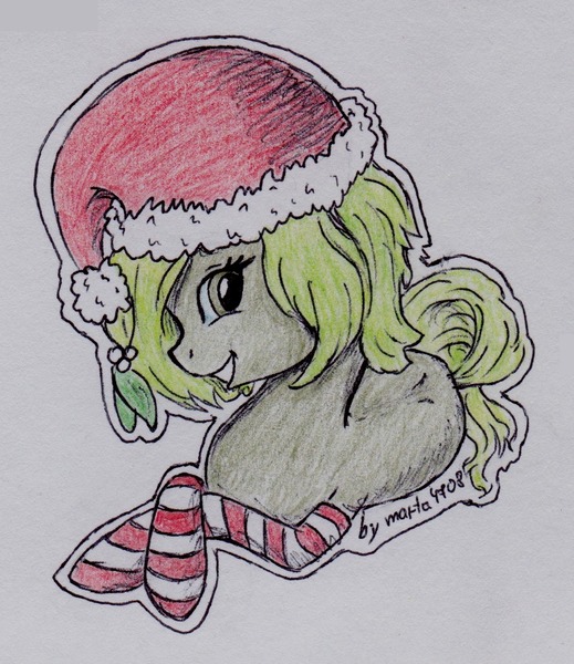 Size: 912x1055 | Tagged: safe, artist:marta4708, derpibooru import, oc, unofficial characters only, earth pony, pony, clothes, female, hat, lying down, mare, santa hat, socks, solo, striped socks, traditional art