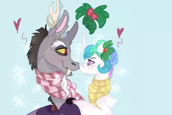 Size: 852x569 | Tagged: safe, artist:bombasticdingo, derpibooru import, discord, princess celestia, alternate hairstyle, clothes, dislestia, heart, holly, holly mistaken for mistletoe, hug, male, nuzzling, scarf, shipping, straight, winghug