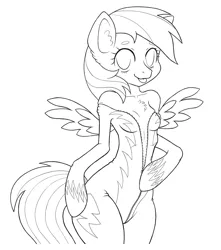 Size: 800x907 | Tagged: suggestive, artist:mailinya, derpibooru import, rainbow dash, anthro, unguligrade anthro, chest fluff, clothes, ear fluff, female, monochrome, simple background, solo, solo female, spread wings, tongue out, undressing, unzipping, wonderbolts uniform