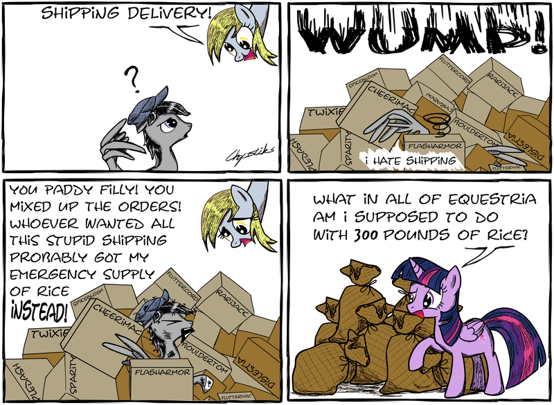 Size: 4555x3331 | Tagged: safe, artist:chopsticks, derpibooru import, derpy hooves, twilight sparkle, twilight sparkle (alicorn), oc, oc:chopsticks, alicorn, pegasus, pony, absurd resolution, boxes, comic, dialogue, hat, humor, male, open mouth, ponysona, pun, shipper on deck, shipping, stallion, text, yelling