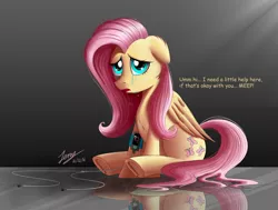Size: 2200x1667 | Tagged: safe, artist:duskie-06, derpibooru import, fluttershy, pegasus, pony, ..., balloon party, crying, cute, dialogue, earbuds, exclamation point, hooves, horse problems, ipod, mp3 player, open mouth, reflection, sad, sadorable, shyabetes, sitting, solo, underhoof