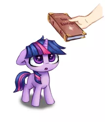 Size: 1007x1178 | Tagged: safe, artist:inowiseei, derpibooru import, part of a set, twilight sparkle, pony, unicorn, adorkable, book, bookhorse, cute, dork, female, filly, filly twilight sparkle, hand, looking up, misspelling, open mouth, simple background, solo focus, starry eyes, that pony sure does love books, twiabetes, white background, wingding eyes