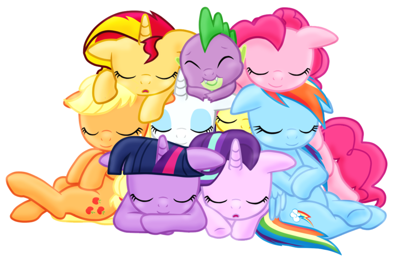 Size: 1267x842 | Tagged: safe, artist:majkashinoda626, derpibooru import, applejack, fluttershy, pinkie pie, rainbow dash, rarity, spike, starlight glimmer, sunset shimmer, twilight sparkle, twilight sparkle (alicorn), alicorn, dragon, earth pony, pegasus, pony, unicorn, baby, baby dragon, cuddle puddle, cuddling, cute, cutie mark, daaaaaaaaaaaw, dashabetes, diabetes, diapinkes, eyes closed, female, floppy ears, glimmerbetes, jackabetes, male, mane nine, mane seven, mane six, mare, open mouth, pony pile, pony pillow, raribetes, shimmerbetes, shyabetes, simple background, sleep pile, sleeping, spikabetes, spike gets all the mares, spike you lucky bastard, transparent background, twiabetes