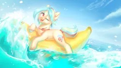 Size: 1024x576 | Tagged: safe, artist:purpletigra, artist:salicsa, derpibooru import, oc, unofficial characters only, earth pony, pony, banana, banana boat, collaboration, floaty, inflatable, one eye closed, sky, solo, water, wink