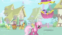 Size: 1280x720 | Tagged: bon bon, carrot top, chance-a-lot, cheerilee, creme brulee, daisy, derpibooru import, flower wishes, golden harvest, granny smith, hot air balloon, minuette, opening, safe, screencap, spike, sweetie drops, theme song, twilight sparkle, twinkling balloon