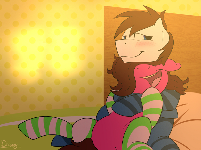 Size: 1600x1200 | Tagged: artist:timidwithapen, blushing, brainbloom, clothes, derpibooru import, morning, oc, oc:brain teaser, oc:rose bloom, safe, snuggling, socks, striped socks, unofficial characters only