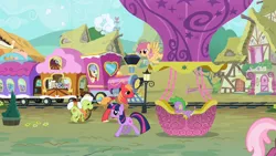 Size: 1280x720 | Tagged: safe, derpibooru import, screencap, big macintosh, cheerilee, chelsea porcelain, derpy hooves, dizzy twister, geri, granny smith, mr. waddle, orange swirl, spike, steamer, twilight sparkle, dragon, earth pony, pegasus, pony, unicorn, female, friendship express, hot air balloon, male, mare, opening, railroad, stallion, theme song, train, twinkling balloon, unicorn twilight