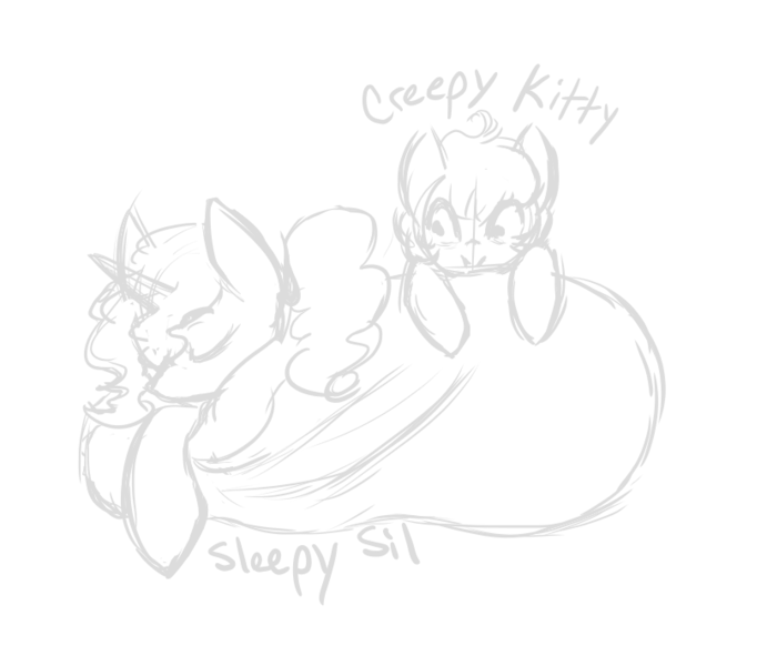 Size: 819x711 | Tagged: safe, artist:hippykat13, derpibooru import, oc, oc:kitty sweet, oc:silence, unofficial characters only, pegasus, pony, unicorn, black and white, creepy, cute, grayscale, monochrome, ponytail, sketch, sleeping