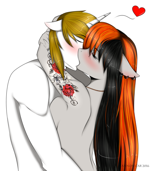 Size: 2553x2817 | Tagged: questionable, artist:cannoncar, derpibooru import, oc, oc:cannon car, oc:pr, unofficial characters only, anthro, unicorn, anthro oc, blushing, breast squish, breasts, couple, eyes closed, female, heart, horn, jewelry, kissing, male, mare, necklace, nudity, oc x oc, piercing, prannon, shipping, stallion, straight, tattoo