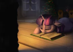 Size: 1280x905 | Tagged: safe, artist:chef j, derpibooru import, twilight sparkle, pony, adorkable, blanket, book, christmas tree, cute, dork, fireplace, floppy ears, prone, sleeping, smiling, solo, that pony sure does love books, tree, twiabetes