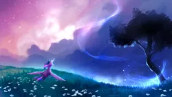 Size: 1600x900 | Tagged: safe, artist:nekiw, derpibooru import, twilight sparkle, twilight sparkle (alicorn), alicorn, pony, beautiful, flower, meadow, scenery, scenery porn, shooting stars, solo, spread wings, stars, tree, twilight (astronomy)