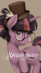 Size: 1080x1920 | Tagged: safe, artist:ciyunhe, derpibooru import, twilight sparkle, twilight sparkle (alicorn), alicorn, pony, alternate hairstyle, glasses, hat, simple background, solo, steam pony, steampunk, top hat