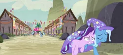 Size: 1280x577 | Tagged: safe, derpibooru import, screencap, double diamond, night glider, party favor, starlight glimmer, sugar belle, trixie, pony, to where and back again, eyes closed, gritted teeth, panic, running, trixie's cape, trixie's hat, wide eyes
