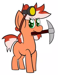 Size: 935x1200 | Tagged: safe, artist:hypermarc, derpibooru import, oc, oc:ruby streak, unofficial characters only, earth pony, pony, flashlight (object), headlamp, improvisation, mouth hold, pickaxe, simple background, solo, white background