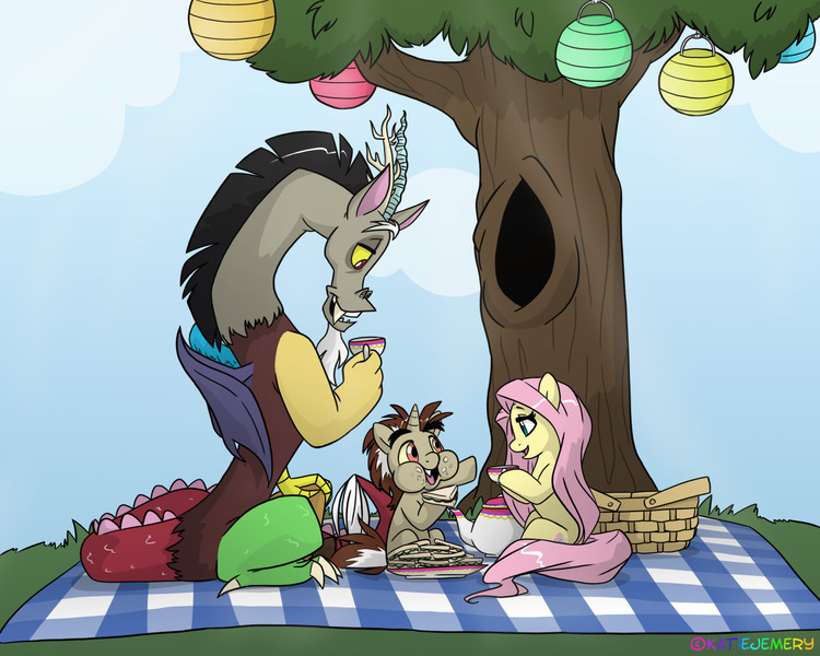 Size: 1280x1024 | Tagged: safe, artist:sugarskulldragon, derpibooru import, discord, fluttershy, oc, oc:dillus, hybrid, cucumber sandwiches, discoshy, eating, family, food, interspecies offspring, male, offspring, parent:discord, parent:fluttershy, parents:discoshy, picnic, shipping, straight, tea, tea time, under the tree