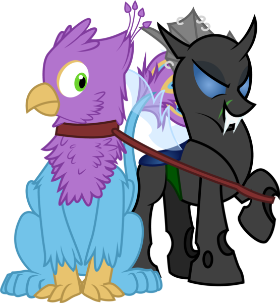 Size: 1363x1473 | Tagged: safe, artist:gyrotech, artist:theandymac, deleted from derpibooru, derpibooru import, oc, oc:evening breeze, oc:gyro feather, oc:gyro tech, unofficial characters only, changeling, gryphon, 2017 community collab, derpibooru community collaboration, bryro, changeling domination, changeling oc, collaboration, collar, gay, griffonized, leash, male, pet play, scar, shipping, simple background, species swap, transparent background