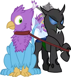 Size: 1363x1473 | Tagged: safe, artist:gyrotech, artist:theandymac, deleted from derpibooru, derpibooru import, oc, oc:evening breeze, oc:gyro feather, oc:gyro tech, unofficial characters only, changeling, gryphon, 2017 community collab, derpibooru community collaboration, bryro, changeling domination, changeling oc, collaboration, collar, gay, griffonized, leash, male, pet play, scar, shipping, simple background, species swap, transparent background