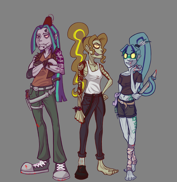 Size: 1522x1564 | Tagged: adagio dazzle, aria blaze, artist:madness-with-reason, barefoot, blood, brass knuckles, clothes, converse, derpibooru import, feet, machete, safe, shoes, sonata dusk, style challenge, style emulation, tattoo, the dazzlings