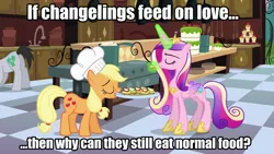 Size: 1280x720 | Tagged: a canterlot wedding, applejack, caption, changeling, derpibooru import, disguise, disguised changeling, edit, edited screencap, fake cadance, food, glowing horn, image macro, impact font, levitation, lucky clover, magic, meme, princess cadance, queen chrysalis, question, safe, screencap, telekinesis