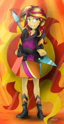 Size: 1700x3300 | Tagged: safe, artist:fretnoizeart, derpibooru import, sunset shimmer, equestria girls, boots, clothes, crossed arms, electric guitar, flying v, guitar, high heel boots, high heels, jacket, leather jacket, lidded eyes, signature, skirt, solo, sunset shredder