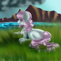 Size: 3600x3600 | Tagged: safe, artist:crazyaniknowit, derpibooru import, oc, oc:pastel wish, unofficial characters only, art trade, grass field, scenery, smiling, solo, underhoof