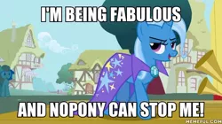 Size: 600x337 | Tagged: safe, derpibooru import, edit, edited screencap, screencap, trixie, pony, unicorn, boast busters, and nopony can stop me, caption, female, image macro, mare, meme, solo, tree, trixie yells at everything, trixie's cape