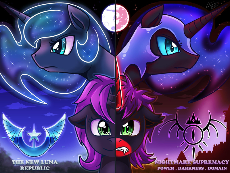 Size: 2000x1500 | Tagged: artist:vavacung, broken horn, derpibooru import, fangs, lunar republic, nightmare moon, nightmare supremacy, oc, oc:midnight moon, princess luna, safe, split screen, vampony