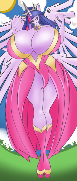 Size: 600x1400 | Tagged: suggestive, artist:domo-sensei, derpibooru import, twilight sparkle, alicorn, anthro, plantigrade anthro, seraph, seraphicorn, big breasts, breasts, busty twilight sparkle, cleavage, clothes, curvy, dress, female, huge breasts, human facial structure, impossibly large breasts, multiple wings, solo, solo female, twilight sparkle (alicorn), wide hips