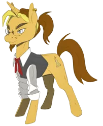 Size: 878x1080 | Tagged: artist needed, safe, derpibooru import, oc, oc:golden flask, unofficial characters only, pony, unicorn, 2017 community collab, derpibooru community collaboration, ascot, beard, clothes, ear piercing, earring, facial hair, glasses, jewelry, male, piercing, ponytail, simple background, solo, transparent background, vest