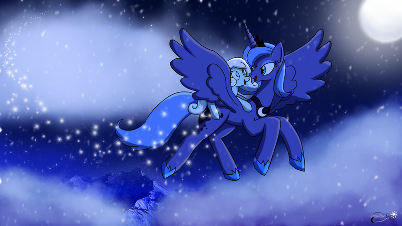 Size: 1920x1080 | Tagged: artist:egstudios93, derpibooru import, flying, night, oc, oc:snowdrop, princess luna, s1 luna, safe, snow, snowfall