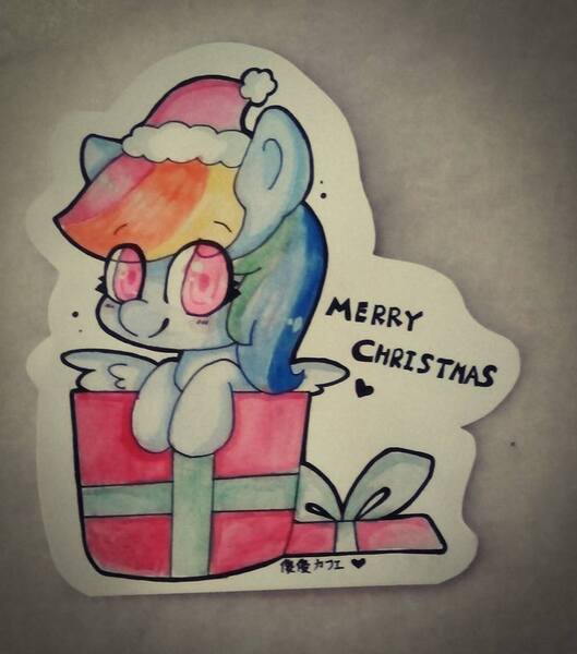 Size: 847x960 | Tagged: safe, artist:moonarty, derpibooru import, rainbow dash, pony, box, chibi, christmas, cute, dashabetes, happy, hat, irl, looking at you, photo, pony in a box, present, santa hat, solo, traditional art