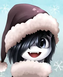 Size: 1446x1764 | Tagged: safe, artist:pridark, derpibooru import, oc, oc:darkness, unofficial characters only, pony, bust, commission, cute, fangs, femboy, hair over one eye, hat, head only, male, open mouth, portrait, santa hat, trap