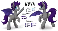 Size: 3000x1622 | Tagged: safe, artist:anearbyanimal, derpibooru import, oc, oc:nova the bat pony, unofficial characters only, bat pony, pony, commission, cute, dock, fangs, featureless crotch, looking back, rearing, reference sheet, underhoof