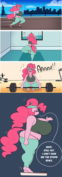 Size: 1280x3662 | Tagged: anthro, artist:somescrub, bbw, big breasts, black underwear, breasts, busty pinkie pie, chubby, cleavage, clothes, derpibooru import, exercise, fat, female, huge breasts, hugtastic pinkie pie, impossibly large breasts, midriff, panties, pinkie pie, plantigrade anthro, pudgy pie, scale, solo, solo female, sports bra, suggestive, thong, underwear